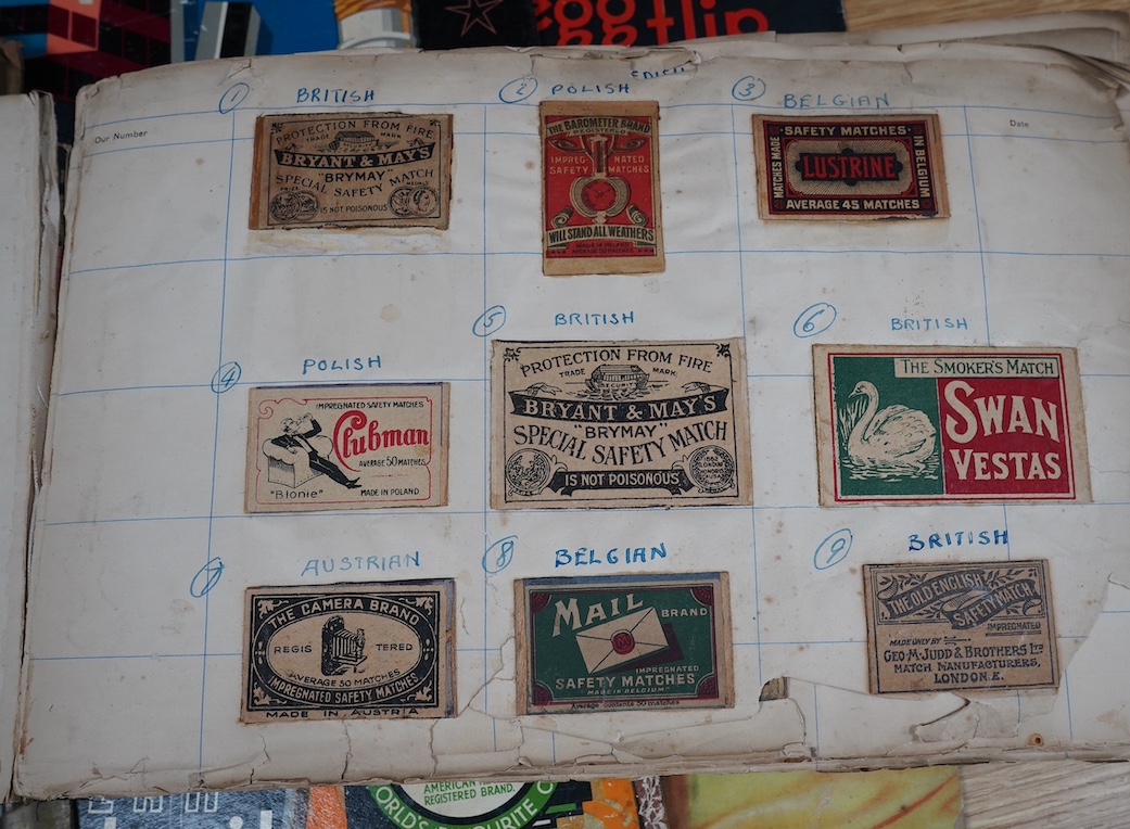 A Matchbook / box collection and advert boards, and postcards. Condition - poor to fair